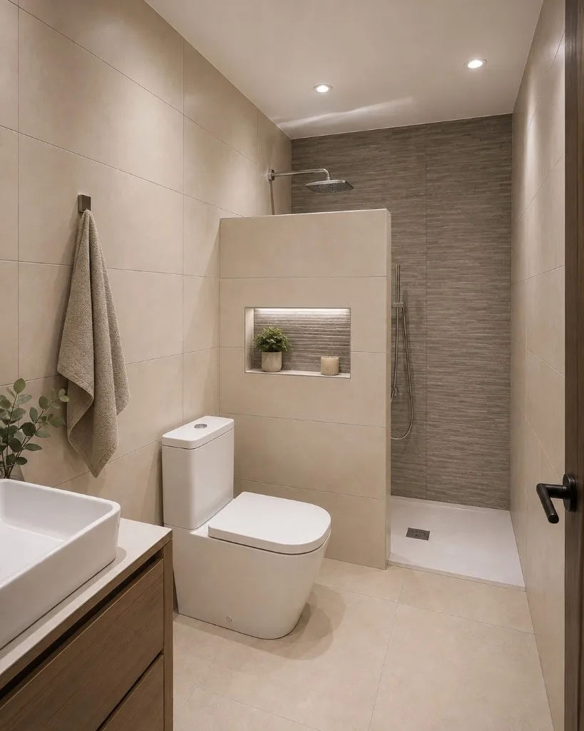 Baño reformado con ducha de obra, nicho iluminado y acabados